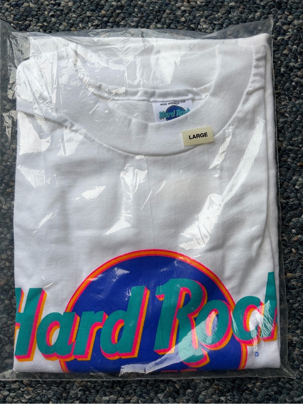 Hard Rock Cafe White Tee with Blue & Teal Retro Logo